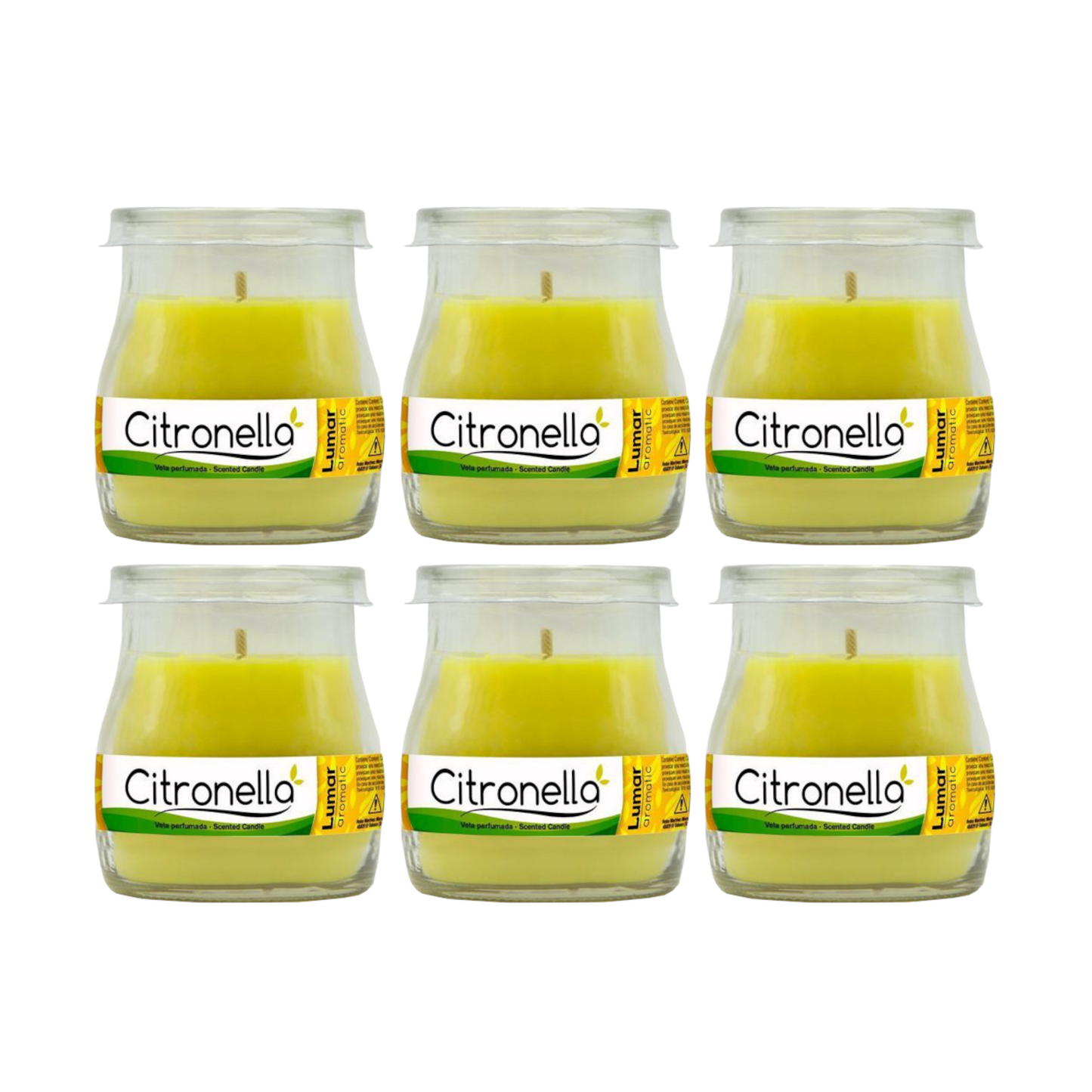 Home Universal® Pack de 3/6/12 Velas Aromáticas en Vaso de Cristal Reciclable LUMAR AROMATIC – 24h de Duración por Vela – Cera Vegetal Perfumada – 16 Fragancias Disponibles – Fabricadas en España – 7x6cm (Citronela)