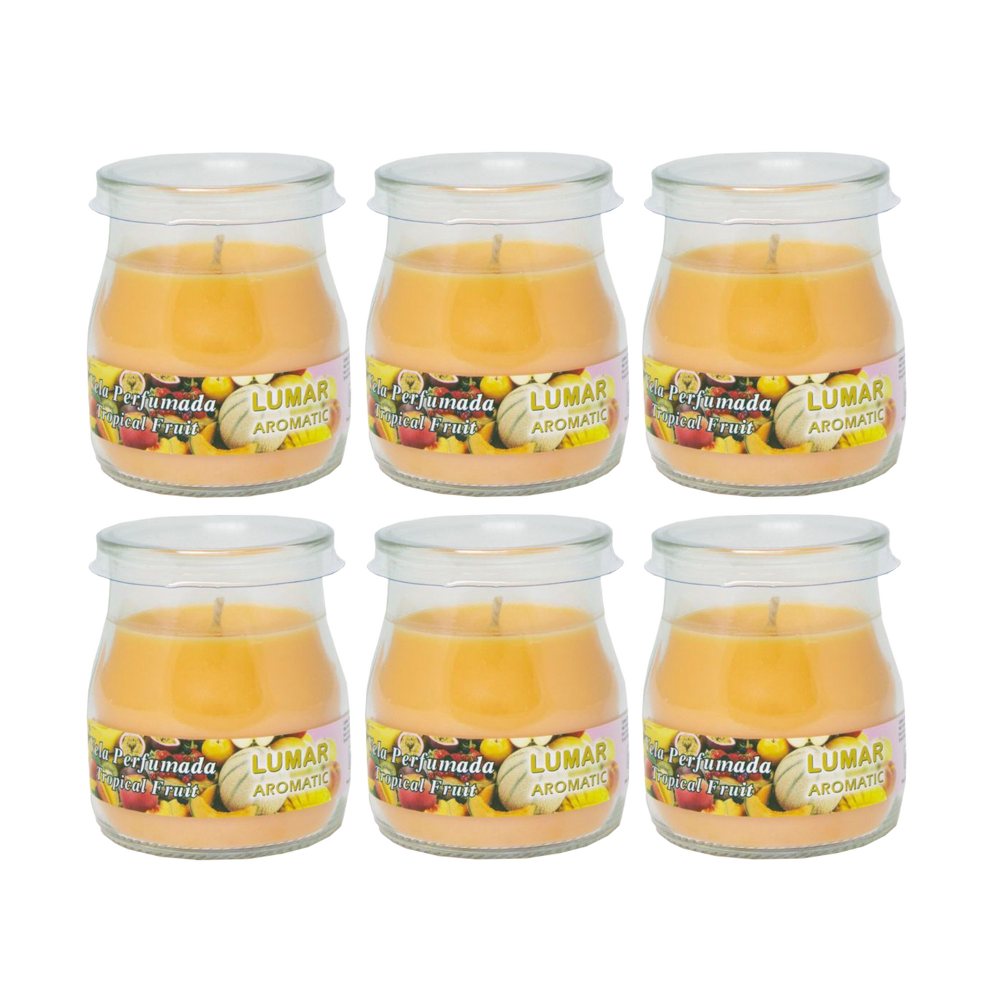 Home Universal® Pack de 3/6/12 Velas Aromáticas en Vaso de Cristal Reciclable LUMAR AROMATIC – 24h de Duración por Vela – Cera Vegetal Perfumada – 16 Fragancias Disponibles – Fabricadas en España – 7x6cm (Frutas Tropicales)