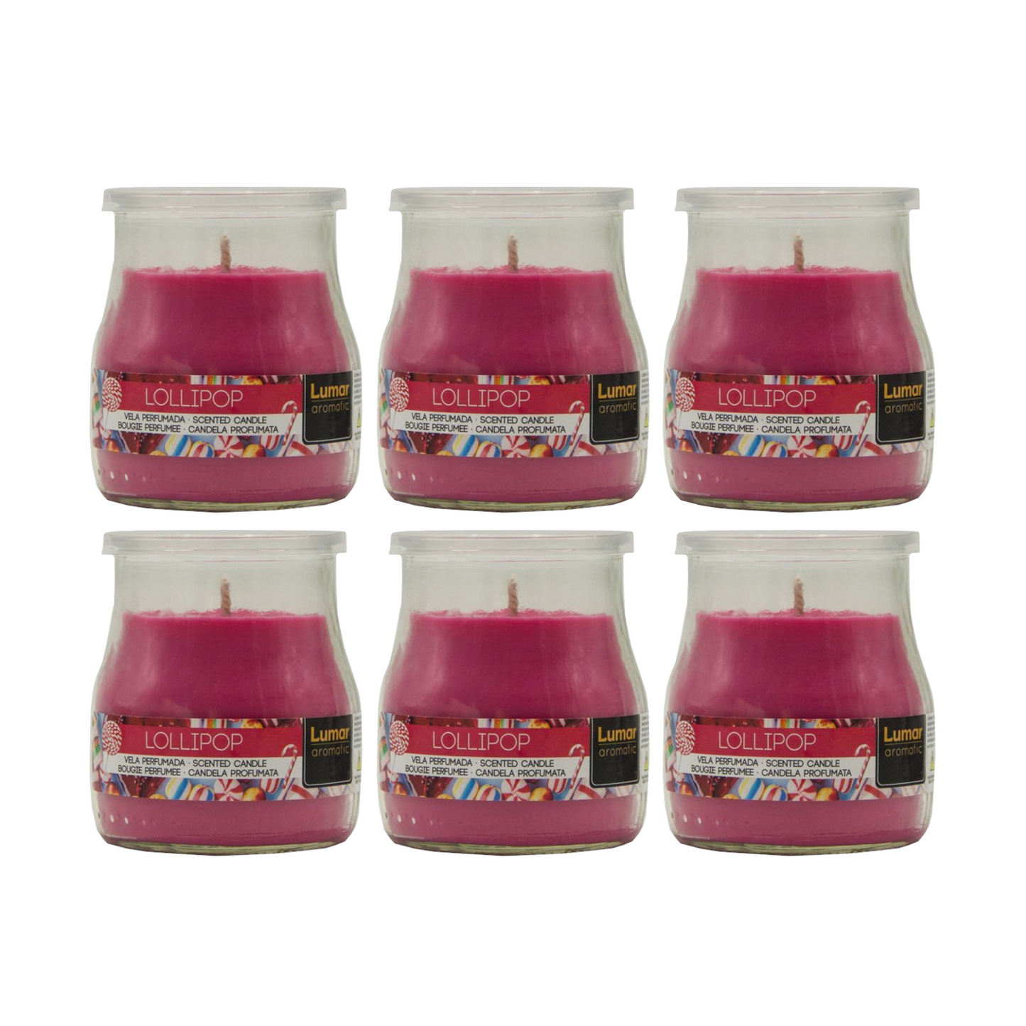 Home Universal® Pack de 3/6/12 Velas Aromáticas en Vaso de Cristal Reciclable LUMAR AROMATIC – 24h de Duración por Vela – Cera Vegetal Perfumada – 16 Fragancias Disponibles – Fabricadas en España – 7x6cm (Lollipop)
