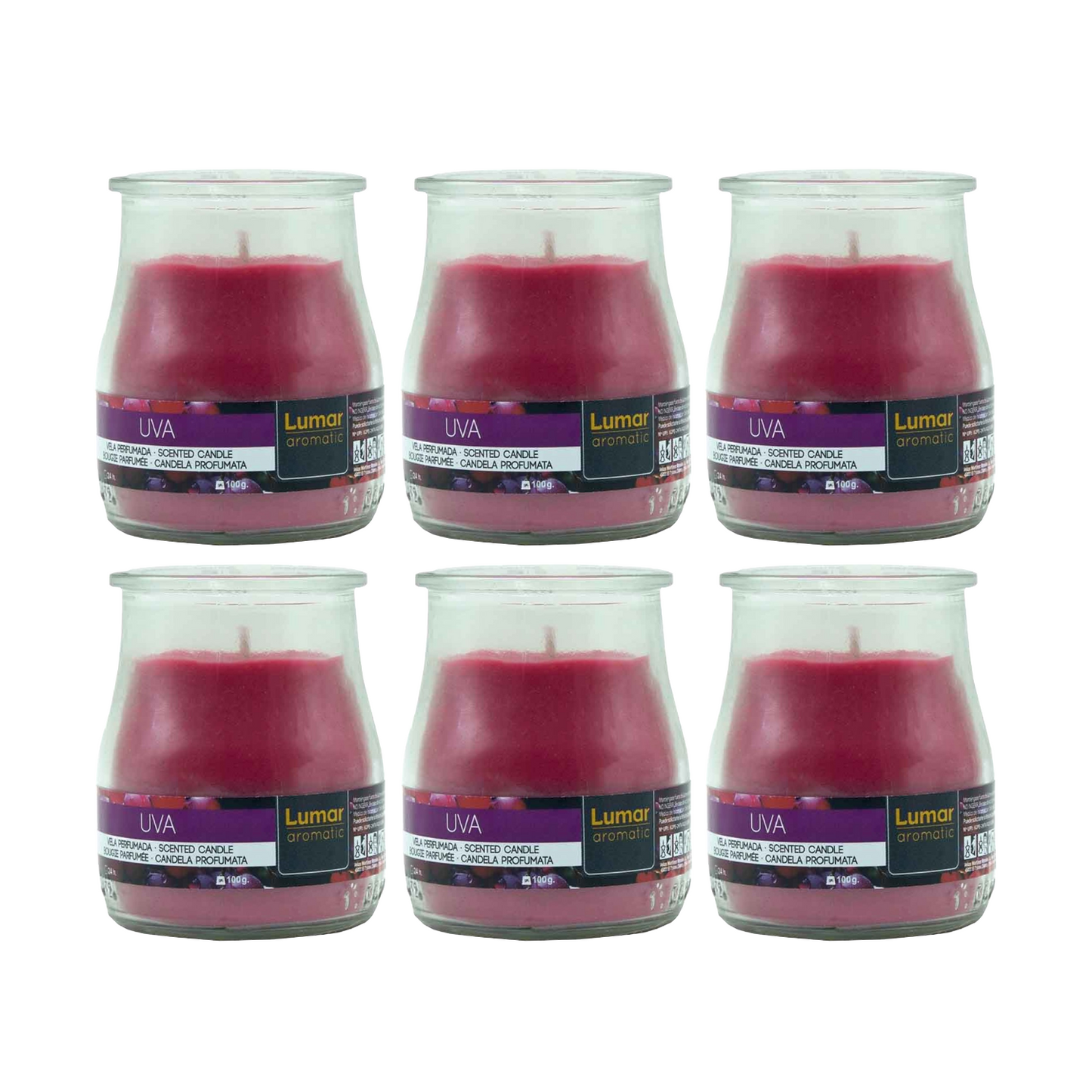 Home Universal® Pack de 3/6/12 Velas Aromáticas en Vaso de Cristal Reciclable LUMAR AROMATIC – 24h de Duración por Vela – Cera Vegetal Perfumada – 16 Fragancias Disponibles – Fabricadas en España – 7x6cm (Uva)