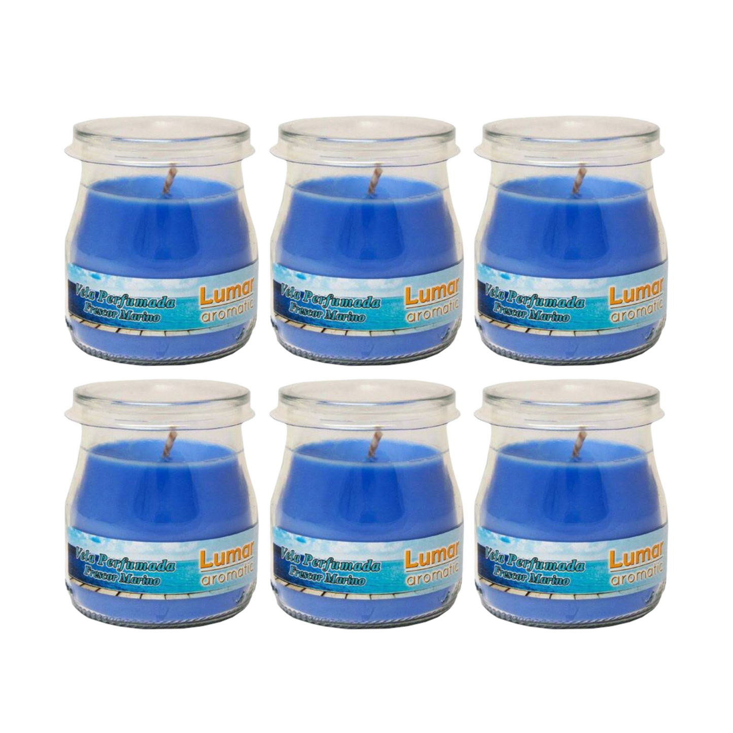 Home Universal® Pack de 3/6/12 Velas Aromáticas en Vaso de Cristal Reciclable LUMAR AROMATIC – 24h de Duración por Vela – Cera Vegetal Perfumada – 16 Fragancias Disponibles – Fabricadas en España – 7x6cm (Frescor Marino)
