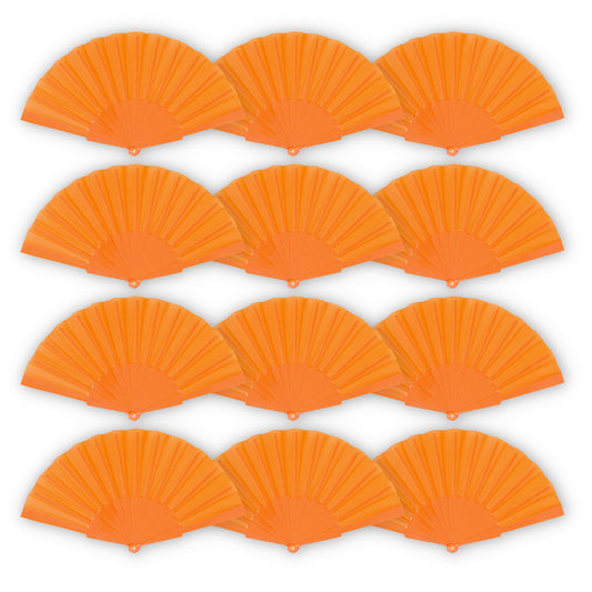 HOME UNIVERSAL Pack 12 Abanicos de Plástico con Empaquetado Individual para Regalar, Abanicos para Bodas, Comuniones, Fiestas y Eventos (Naranja)