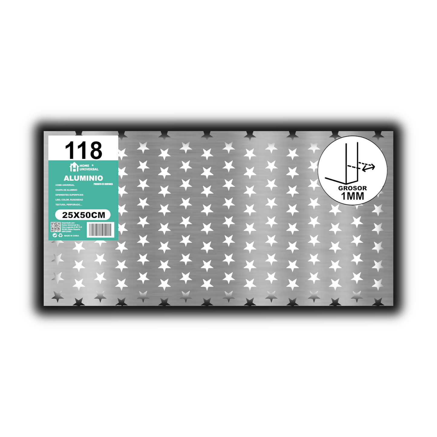 ome Universal® Chapa de Aluminio Estriada, Lisa, Malla y Perforada (Cuadrada, Ovalada, Redonda), Rugosa – Lámina Metálica Resistente Anticorrosión para Bricolaje e Industria Superficie (Perforada Forma) - Estrella-18X18MM (25X50CM - 1MM)