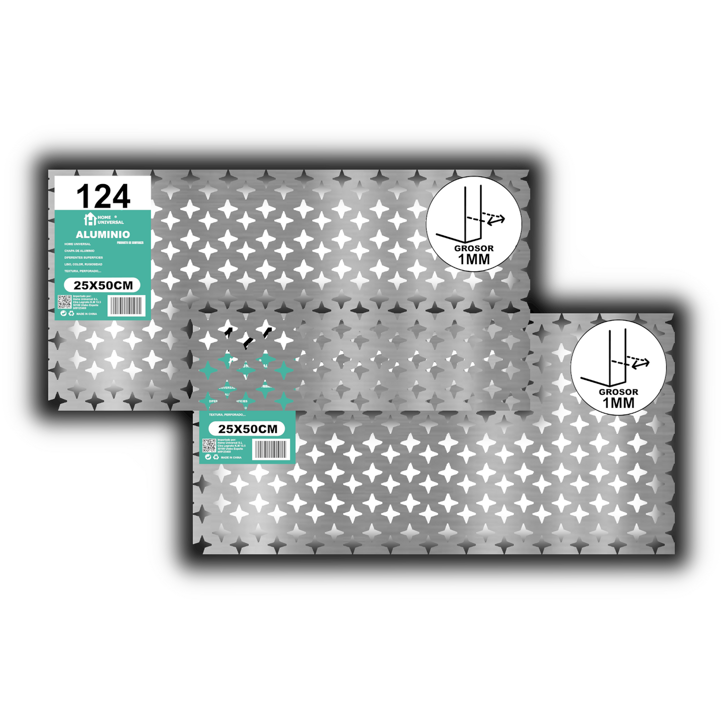 ome Universal® Chapa de Aluminio Estriada, Lisa, Malla y Perforada (Cuadrada, Ovalada, Redonda), Rugosa – Lámina Metálica Resistente Anticorrosión para Bricolaje e Industria Superficie (Perforada Forma) - Brillo-20X20MM (25X50CM - 1MM)