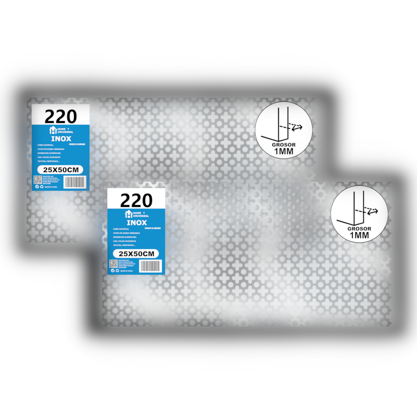 Home Universal® Chapa Acero inoxidable Superficie Liso, Estriada, Perforación Cuadrifolio – Lámina Metálica Resistente Anticorrosión para Bricolaje e Industria-Perforación Cuadrifolio  (25X50CM - 1MM)