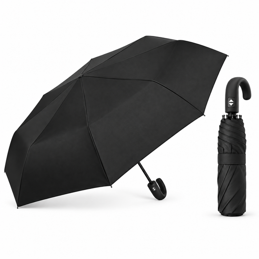 Home Universal® Paraguas Automático Plegable Grande, Compacto y Resistente, para Lluvia y Sol (Mango Curvo (Negro))