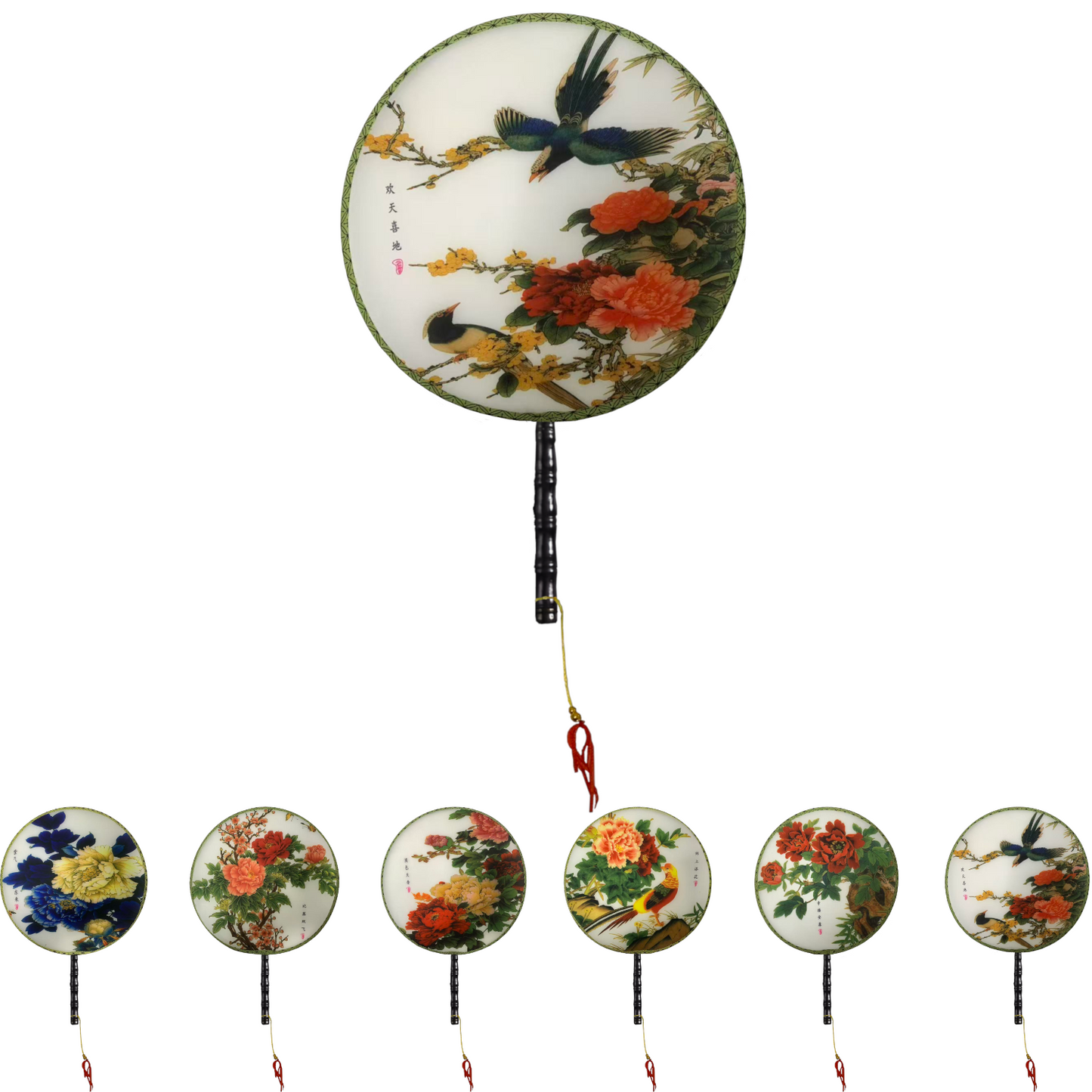 Home Universal® Abanico Redondo Chino - Imprimido de una Sola Cara – Abanico Clásico de Seda Translúcido y Sedoso con Patrón Floral y Mango de Madera – Estilo Oriental Antiguo Decorativo para Hogar o Regalo (Golondrina y Peonías)