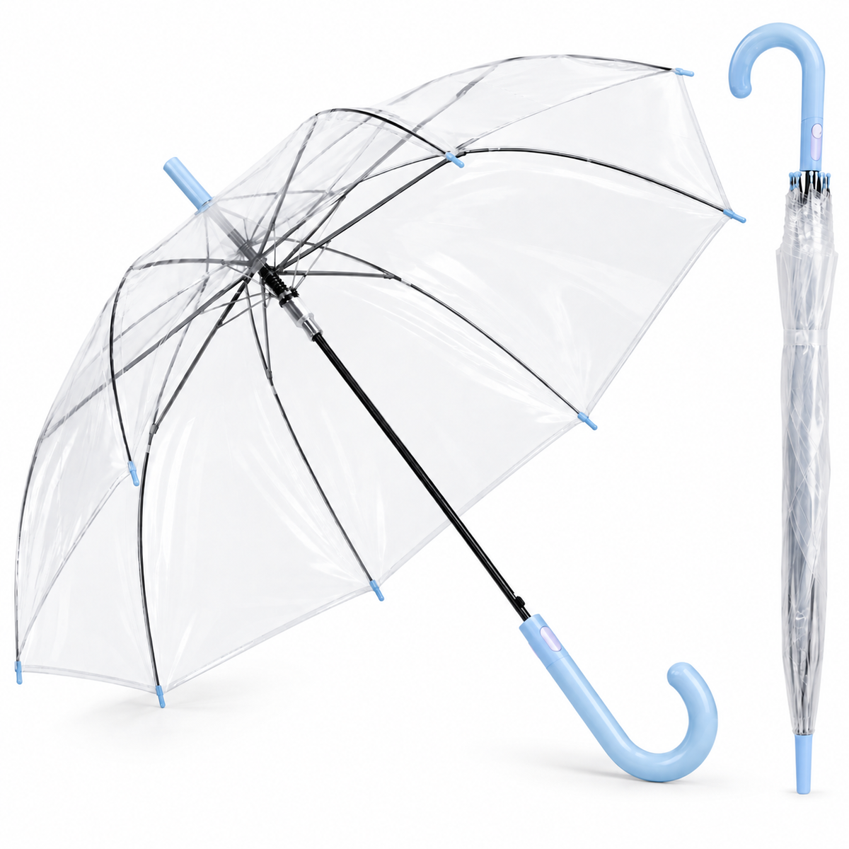 Home Universal® Paraguas Transparente Grande 120 cm, Paraguas de Cúpula con Mango Curvo, Apertura Semiautomática (Azul Claro)