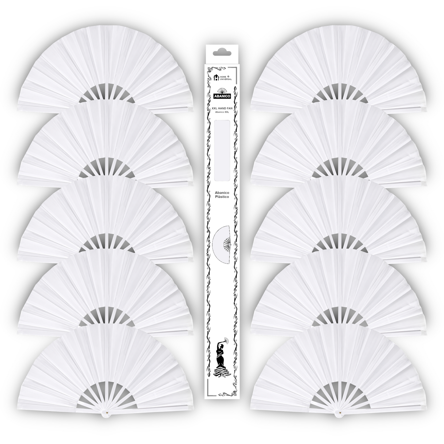 Home Universal® Abanico XXL 33 cm Grande de Plástico con Caja – Plegable, Ligero y Resistente – Efecto Fluorescente Brillante – Ideal para Verano, Fiesta, Discoteca, Pride y Eventos - Blanco (Liso)