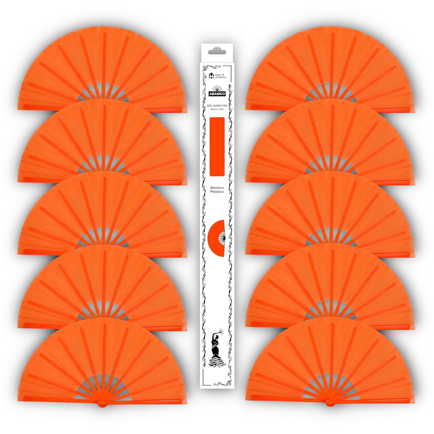 Home Universal® Abanico XXL 33 cm Grande de Plástico con Caja – Plegable, Ligero y Resistente – Efecto Fluorescente Brillante – Ideal para Verano, Fiesta, Discoteca, Pride y Eventos - Naranja (Liso)