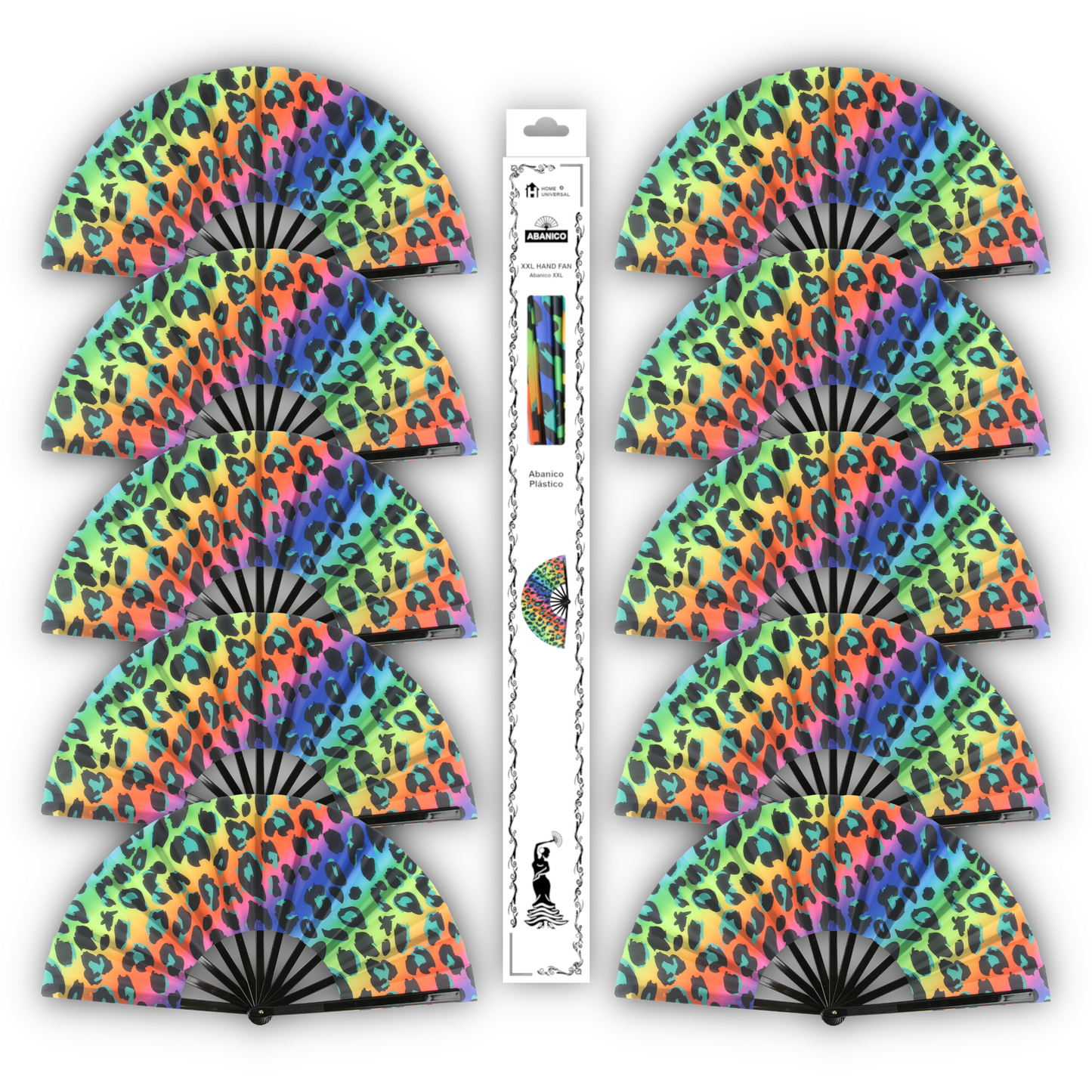 Home Universal® Abanico XXL 33 cm Grande de Plástico con Caja – Plegable, Ligero y Resistente – Efecto Fluorescente Brillante – Ideal para Verano, Fiesta, Discoteca, Pride y Eventos (Leopardo - Multicolor)