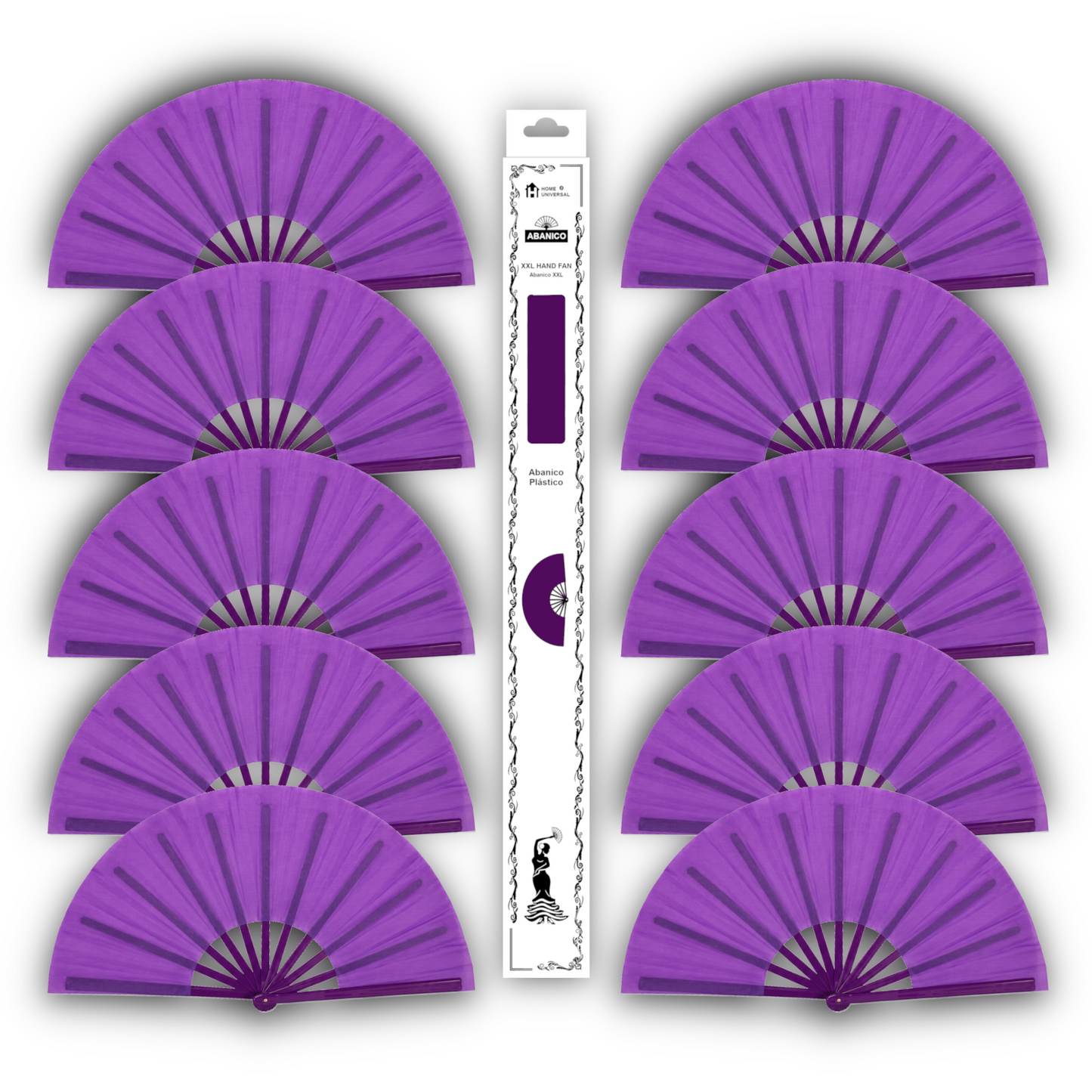 Home Universal® Abanico XXL 33 cm Grande de Plástico con Caja – Plegable, Ligero y Resistente – Efecto Fluorescente Brillante – Ideal para Verano, Fiesta, Discoteca, Pride y Eventos - Morado (Liso)
