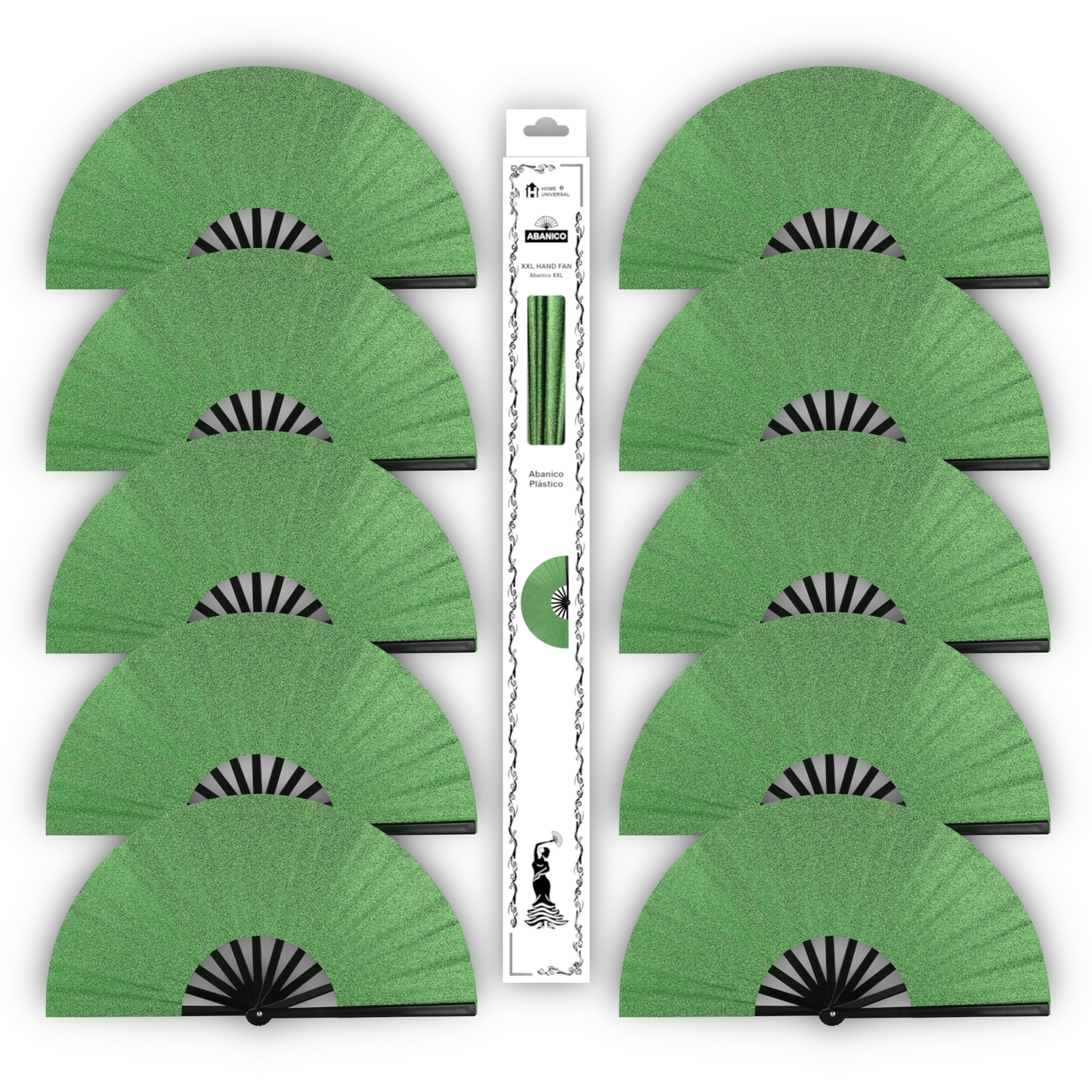 Home Universal® Abanico XXL 33 cm Grande de Plástico con Caja – Plegable, Ligero y Resistente – Efecto Fluorescente Brillante – Ideal para Verano, Fiesta, Discoteca, Pride y Eventos - Verde Claro (Purpurina)