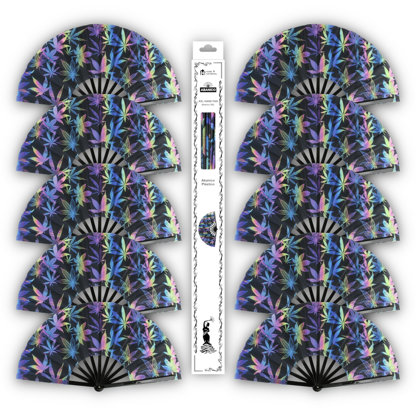 Home Universal® Abanico XXL 33 cm Grande de Plástico con Caja – Plegable, Ligero y Resistente – Efecto Fluorescente Brillante – Ideal para Verano, Fiesta, Discoteca, Pride y Eventos (Hierbas - Multicolor)