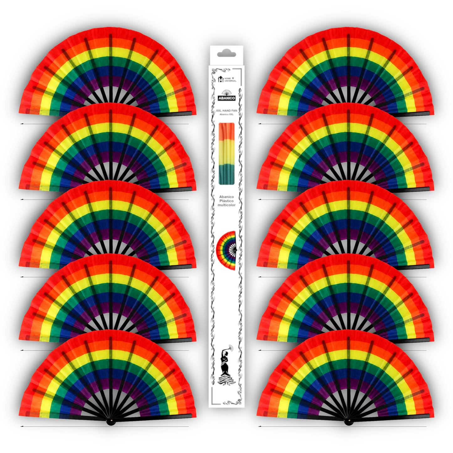 Home Universal® Abanico XXL 33 cm Grande de Plástico con Caja – Plegable, Ligero y Resistente – Efecto Fluorescente Brillante – Ideal para Verano, Fiesta, Discoteca, Pride y Eventos - ARCOIRIS_Noir (Estampado)