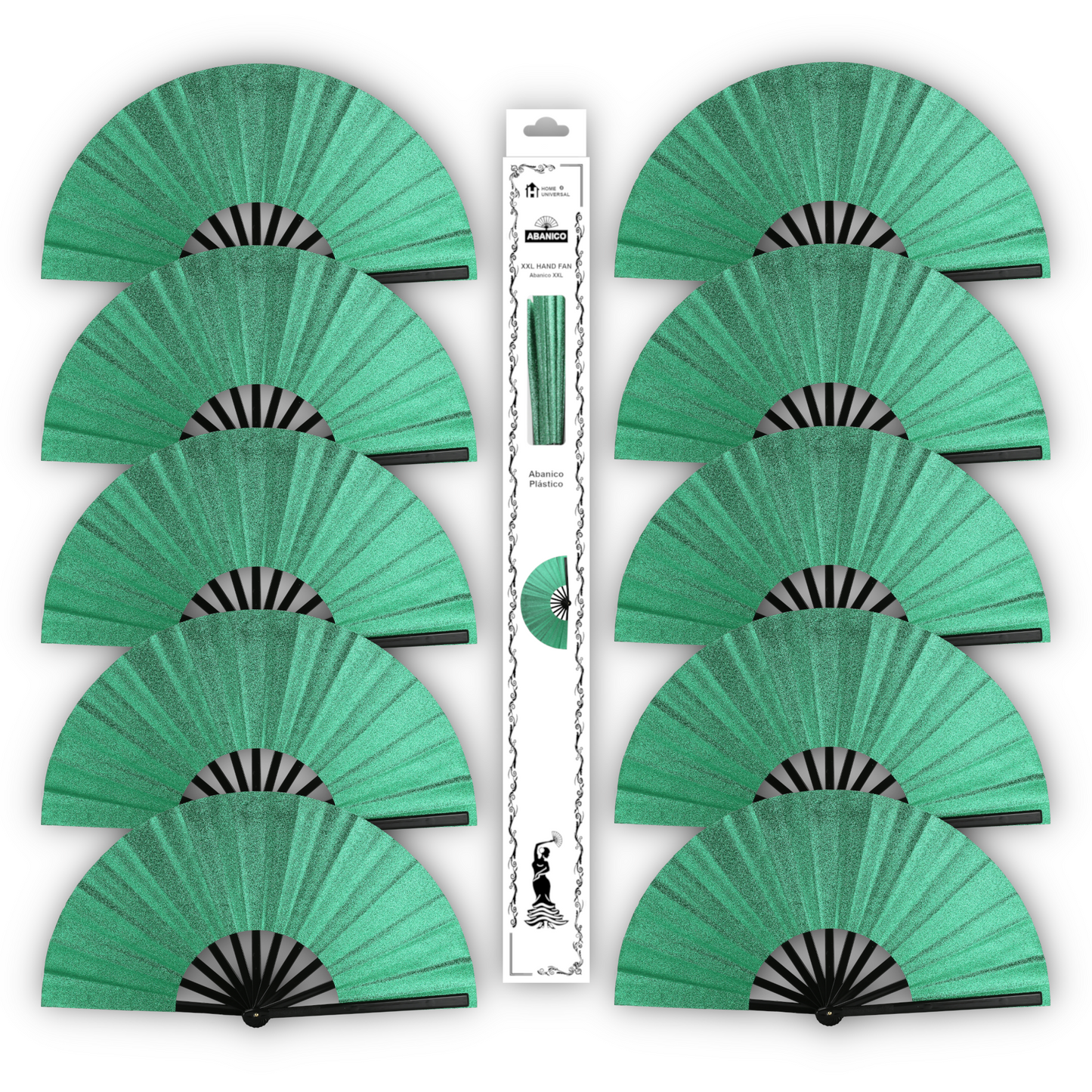 Home Universal® Abanico XXL 33 cm Grande de Plástico con Caja – Plegable, Ligero y Resistente – Efecto Fluorescente Brillante – Ideal para Verano, Fiesta, Discoteca, Pride y Eventos - Verde Oscuro (Purpurina)
