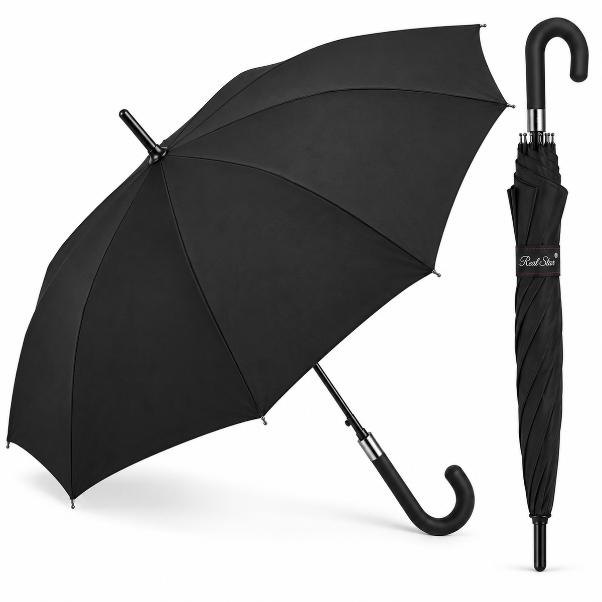 Home Universal® Paraguas Grande Semiautomático, Paraguas Largo Resistente al Viento con Mango Curvo para Mujer y Hombre (Negro (Liso))