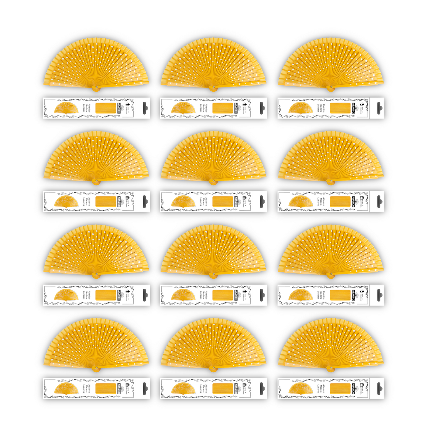 Home Universal®  Abanico Español Plegable de Madera con Argolla de Doble Cara Rojo con Lunares - Ventilador de Mano Ligero Portátil para Flamenco, Bodas, Fiesta y Verano - Amarillo Con Lunar Blanco - 23 CM (12 Unidades)