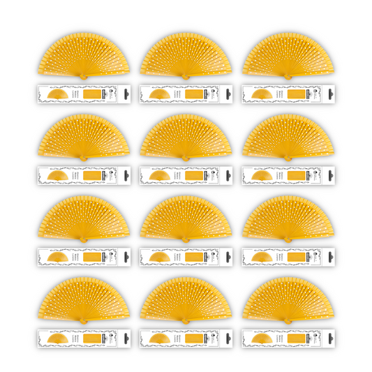 Home Universal®  Abanico Español Plegable de Madera con Argolla de Doble Cara Rojo con Lunares - Ventilador de Mano Ligero Portátil para Flamenco, Bodas, Fiesta y Verano - Amarillo Con Lunar Blanco - 23 CM (12 Unidades)