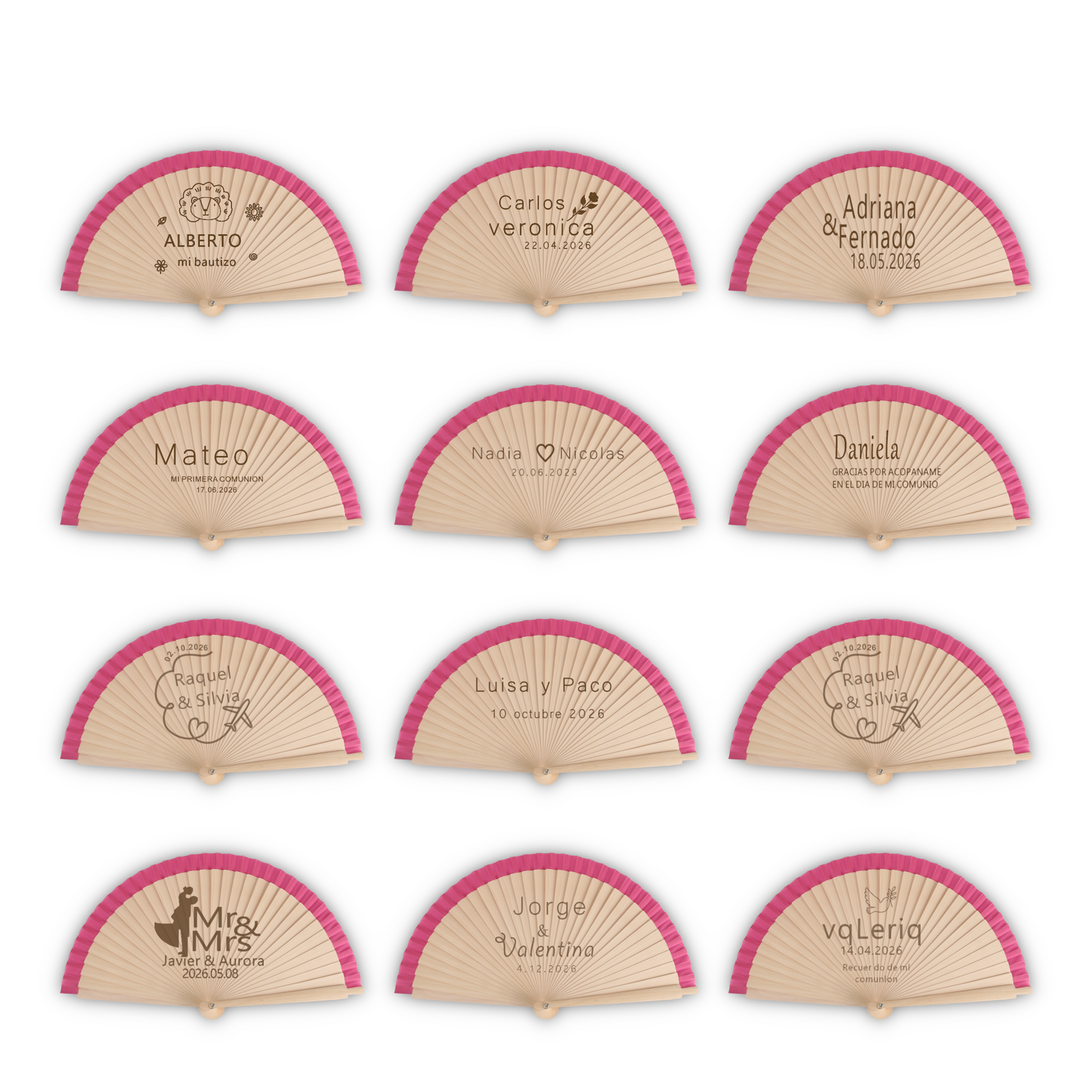 Home Universal® Abanico Personalizado de Madera, 1 Unidad – Detalle Elegante para Boda, Bautizo o Comunión, con Nombre y Fecha, Recuerdo Original para Invitados, 19 y 23 cm(Rosa)