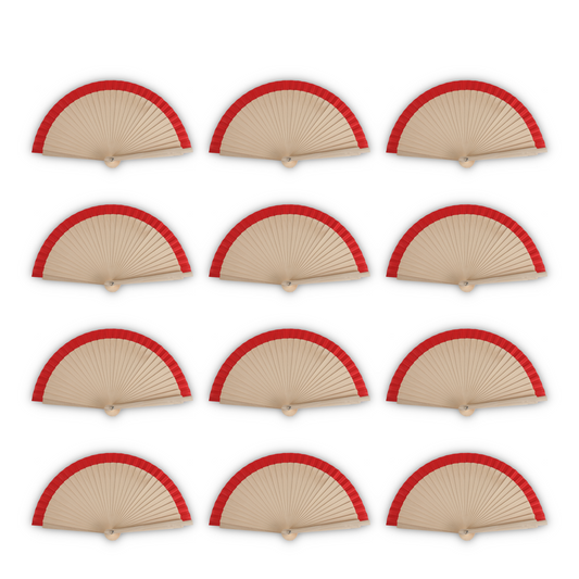 Home Universal®  Abanicos de Madera con Argolla para Cuello, Plegables con Tela en Varios Colores - Ligeros, Portátiles y Resistentes para Eventos, Bodas y Verano - Rojo 19 CM (12 Unidades)