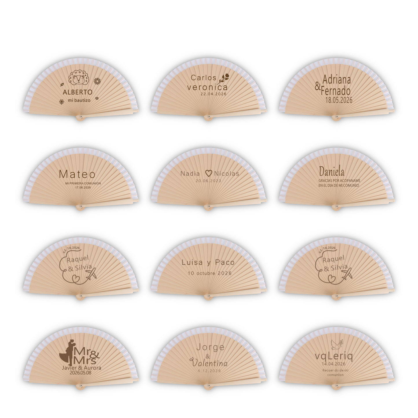 Home Universal® Abanico Personalizado de Madera, 1 Unidad – Detalle Elegante para Boda, Bautizo o Comunión, con Nombre y Fecha, Recuerdo Original para Invitados, 19 y 23 cm(Blanco)