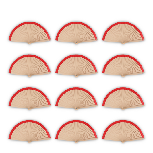 Home Universal®  Abanicos de Madera con Argolla para Cuello, Plegables con Tela en Varios Colores - Ligeros, Portátiles y Resistentes para Eventos, Bodas y Verano - Rojo 23 CM (12 Unidades)