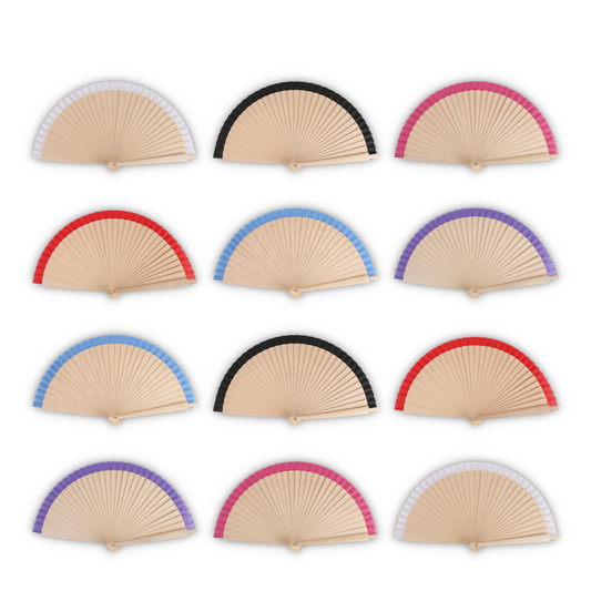 Home Universal®  Abanicos de Madera con Argolla para Cuello, Plegables con Tela en Varios Colores - Ligeros, Portátiles y Resistentes para Eventos, Bodas y Verano - Mezcla de Color 23 CM (12 Unidades)