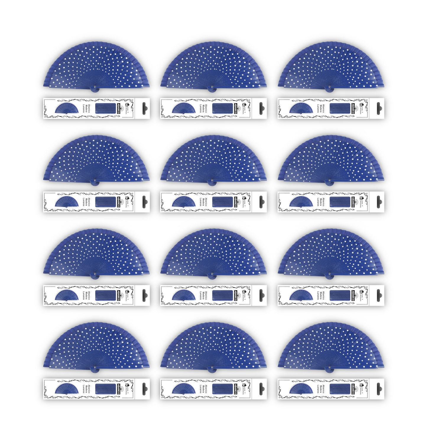 Home Universal®  Abanico Español Plegable de Madera con Argolla de Doble Cara Rojo con Lunares - Ventilador de Mano Ligero Portátil para Flamenco, Bodas, Fiesta y Verano - Azul Con Lunar Blanco - 23 CM (12 Unidades)