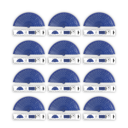 Home Universal®  Abanico Español Plegable de Madera con Argolla de Doble Cara Rojo con Lunares - Ventilador de Mano Ligero Portátil para Flamenco, Bodas, Fiesta y Verano - Azul Con Lunar Blanco - 23 CM (12 Unidades)
