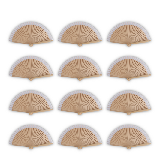 Home Universal®  Abanicos de Madera con Argolla para Cuello, Plegables con Tela en Varios Colores - Ligeros, Portátiles y Resistentes para Eventos, Bodas y Verano - Blanco 19 CM (12 Unidades)