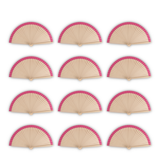 Home Universal®  Abanicos de Madera con Argolla para Cuello, Plegables con Tela en Varios Colores - Ligeros, Portátiles y Resistentes para Eventos, Bodas y Verano - Rosa 23 CM (12 Unidades)