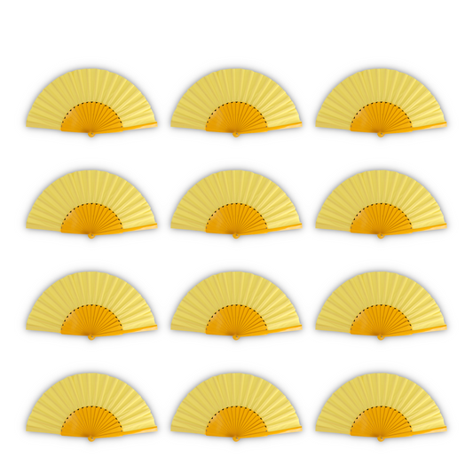 Home Universal® Abanico de madera con argollas para colgar, plegable, ligero y resistente, ideal para bodas, eventos y verano, diseño clásico y portátil perfecto para regalo y uso diario - Amarillo (30CM)