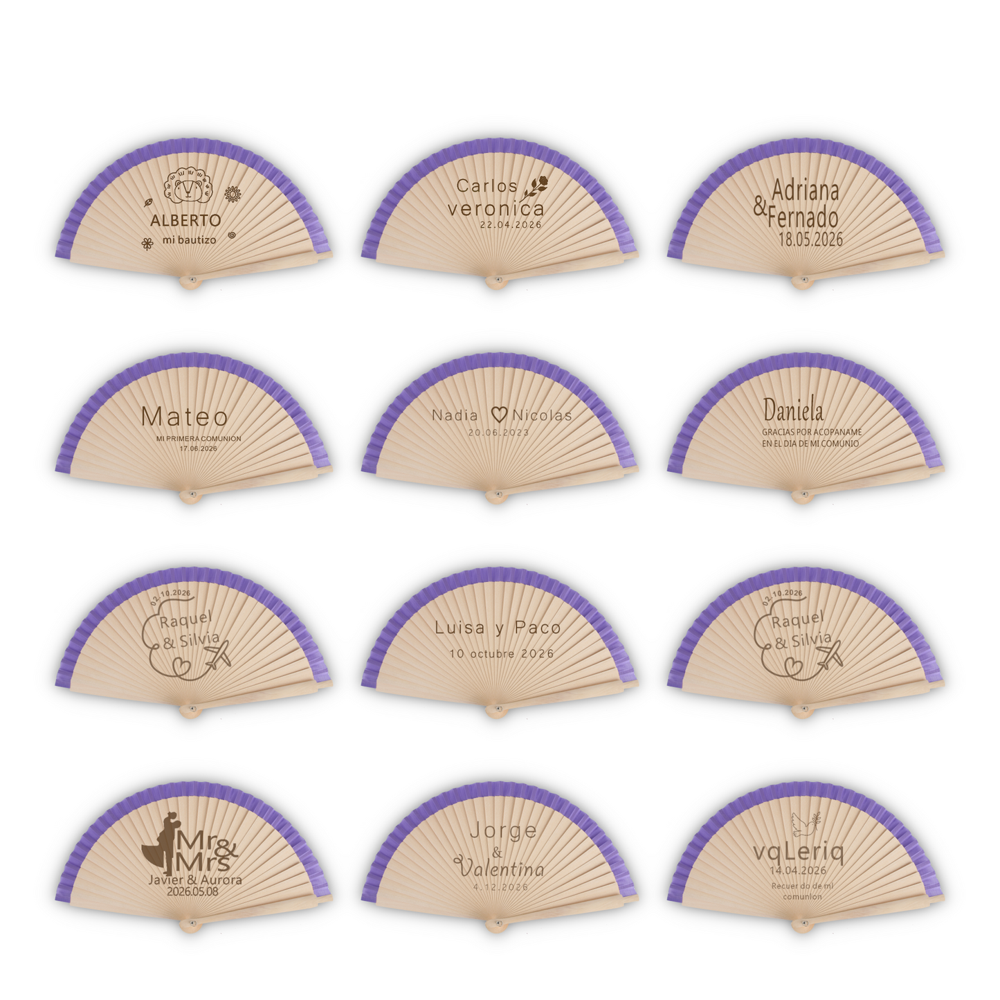 Home Universal® Abanico Personalizado de Madera, 1 Unidad – Detalle Elegante para Boda, Bautizo o Comunión, con Nombre y Fecha, Recuerdo Original para Invitados, 19 y 23 cm(Morado)