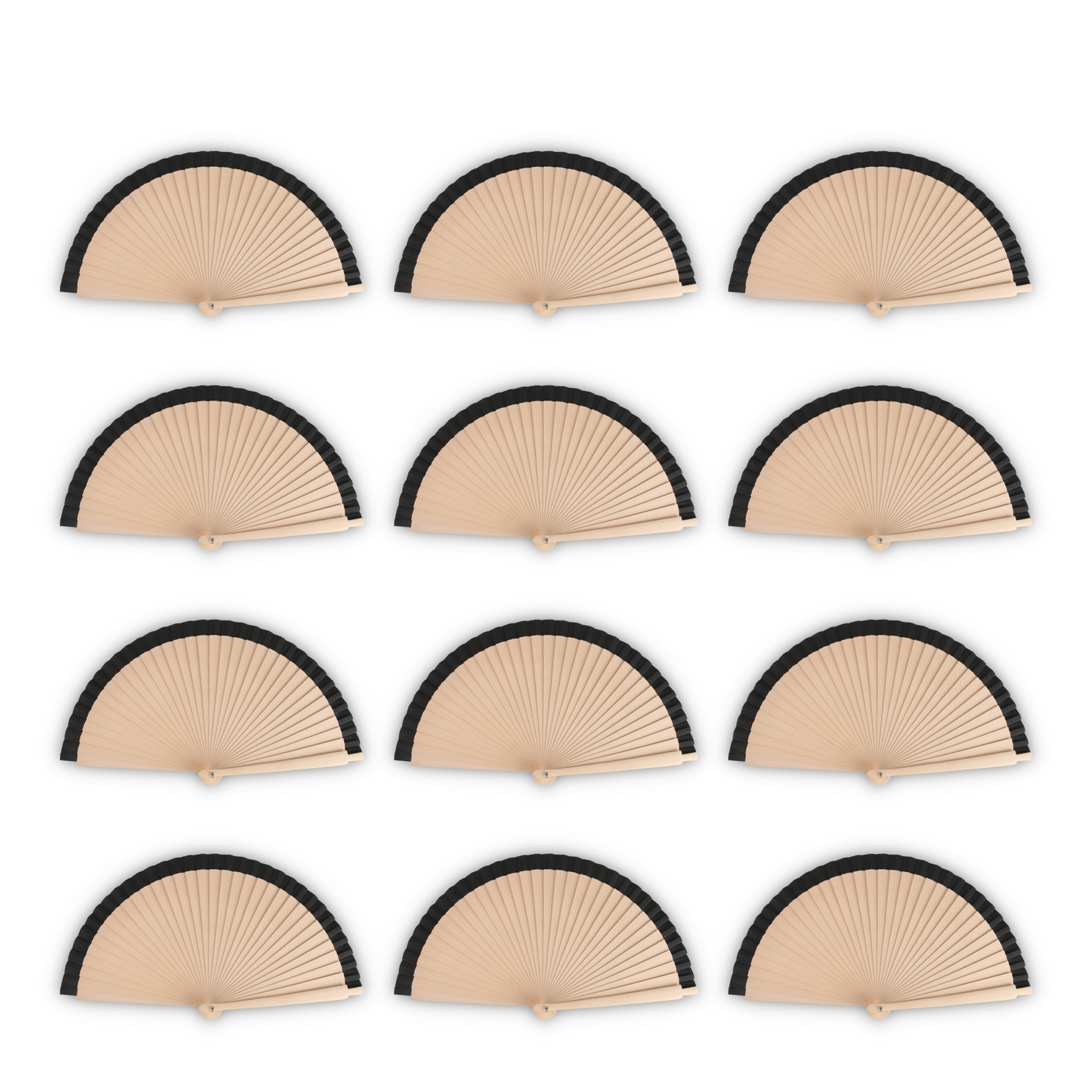 Home Universal®  Abanicos de Madera con Argolla para Cuello, Plegables con Tela en Varios Colores - Ligeros, Portátiles y Resistentes para Eventos, Bodas y Verano - Negro 23 CM (12 Unidades)