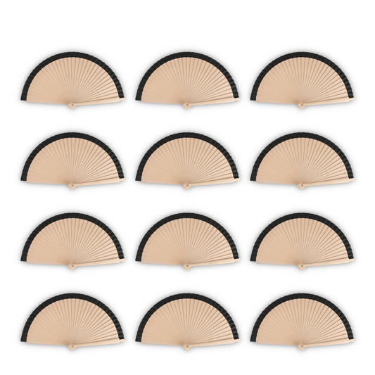 Home Universal®  Abanicos de Madera con Argolla para Cuello, Plegables con Tela en Varios Colores - Ligeros, Portátiles y Resistentes para Eventos, Bodas y Verano - Negro 23 CM (12 Unidades)