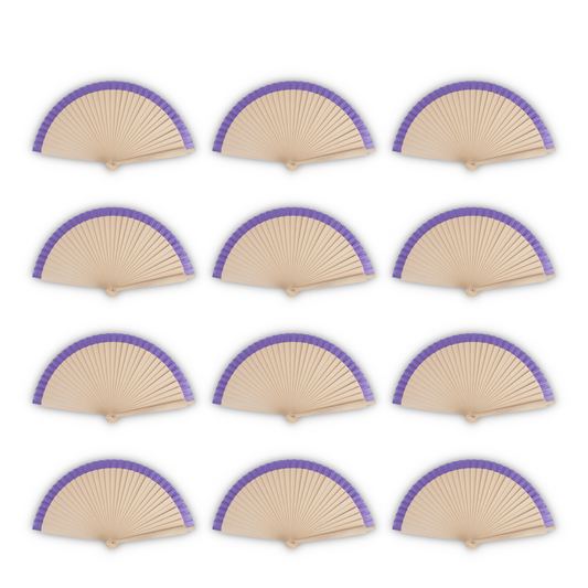 Home Universal®  Abanicos de Madera con Argolla para Cuello, Plegables con Tela en Varios Colores - Ligeros, Portátiles y Resistentes para Eventos, Bodas y Verano - Morado 23 CM (12 Unidades)