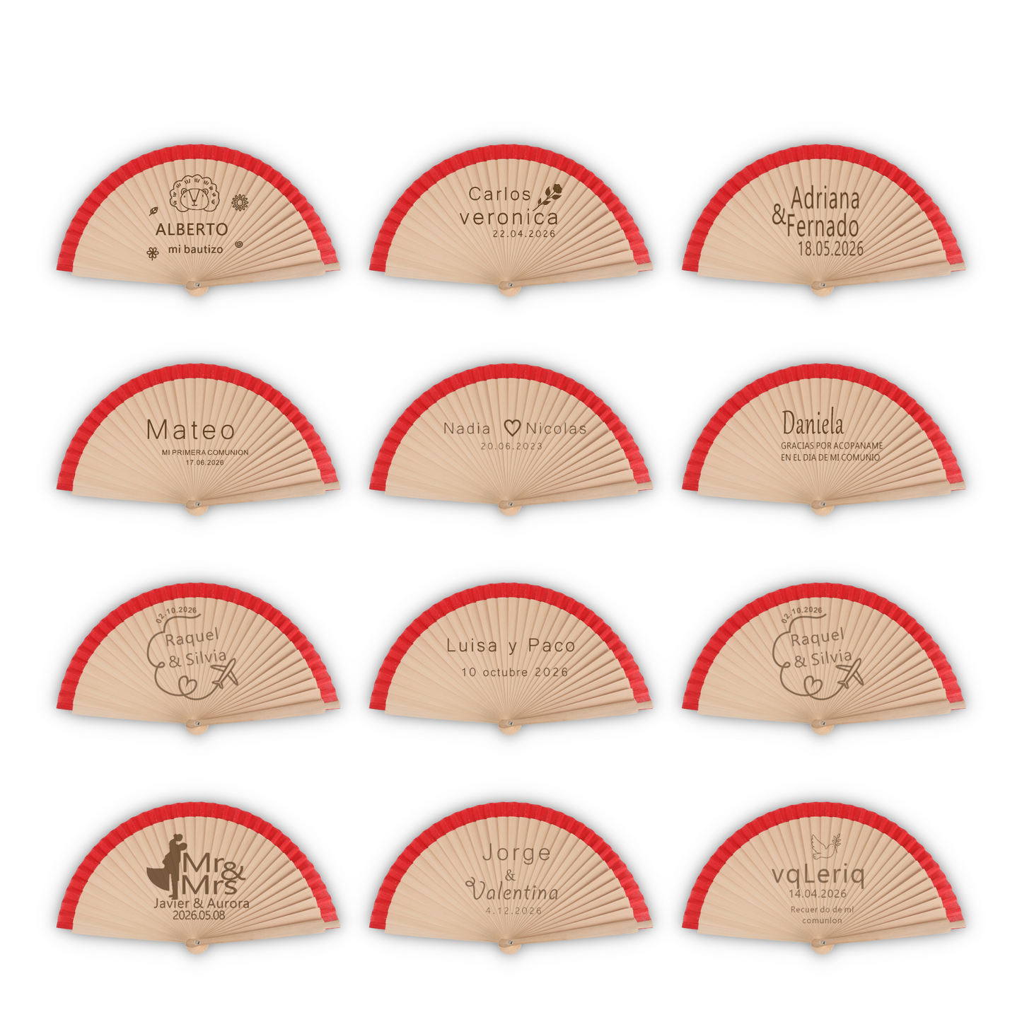 Home Universal® Abanico Personalizado de Madera, 1 Unidad – Detalle Elegante para Boda, Bautizo o Comunión, con Nombre y Fecha, Recuerdo Original para Invitados, 19 y 23 cm(Rojo)
