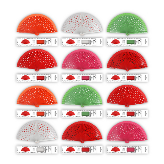 Home Universal®  Abanico Español Plegable de Madera con Argolla de Doble Cara Rojo con Lunares - Ventilador de Mano Ligero Portátil para Flamenco, Bodas, Fiesta y Verano - Rojo Con Lunar Blanco - Mezcla De Colores - 19 CM (12 Unidades)