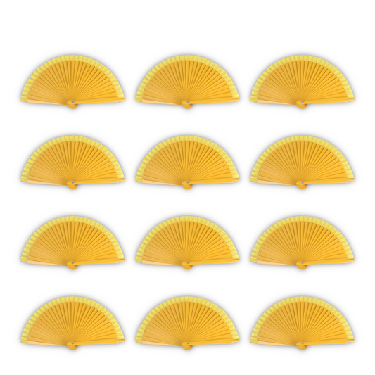 Home Universal® Pack de 12 Abanicos de Madera Lacados, Disponibles en Varios Colores y Tamaños, Abanico Flamenco Español para Bodas, Ferias, Fiestas, Comuniones y Eventos (Amarillo)
