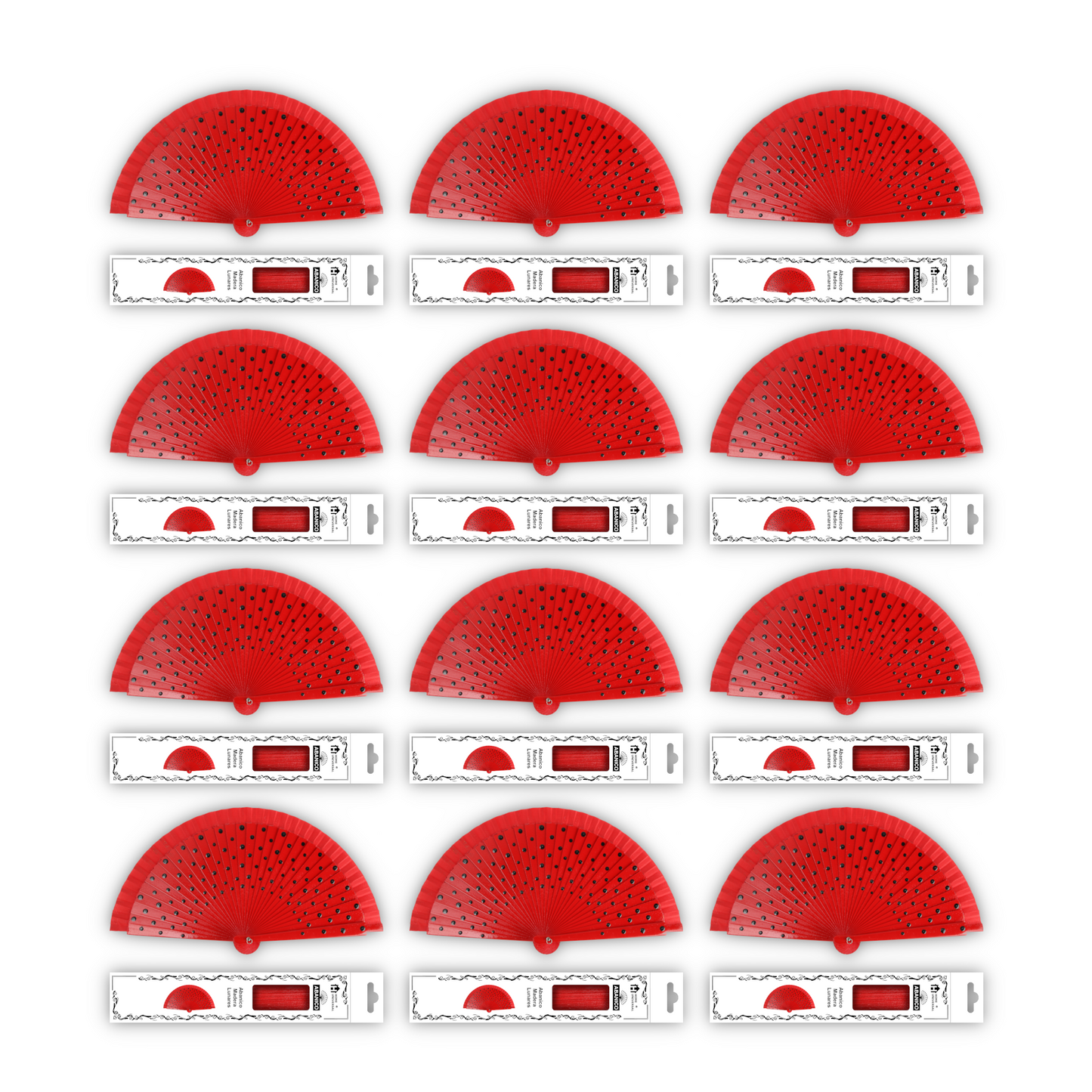 Home Universal®  Abanico Español Plegable de Madera con Argolla de Doble Cara Rojo con Lunares - Ventilador de Mano Ligero Portátil para Flamenco, Bodas, Fiesta y Verano - Rojo Con Lunar Blanco - Rojo Con Lunar Negro - 23 CM (12 Unidades)