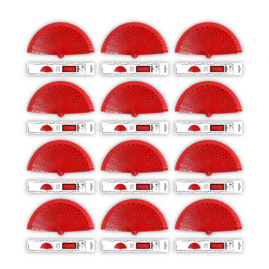 Home Universal®  Abanico Español Plegable de Madera con Argolla de Doble Cara Rojo con Lunares - Ventilador de Mano Ligero Portátil para Flamenco, Bodas, Fiesta y Verano - Rojo Con Lunar Blanco - Rojo Con Lunar Negro - 23 CM (12 Unidades)