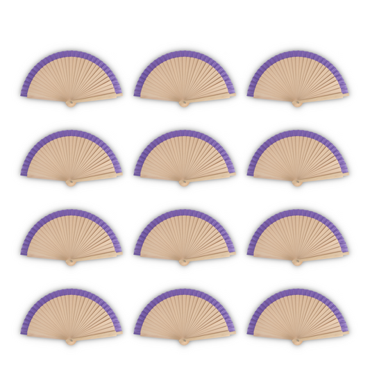 Home Universal®  Abanicos de Madera con Argolla para Cuello, Plegables con Tela en Varios Colores - Ligeros, Portátiles y Resistentes para Eventos, Bodas y Verano - Morado 19 CM (12 Unidades)