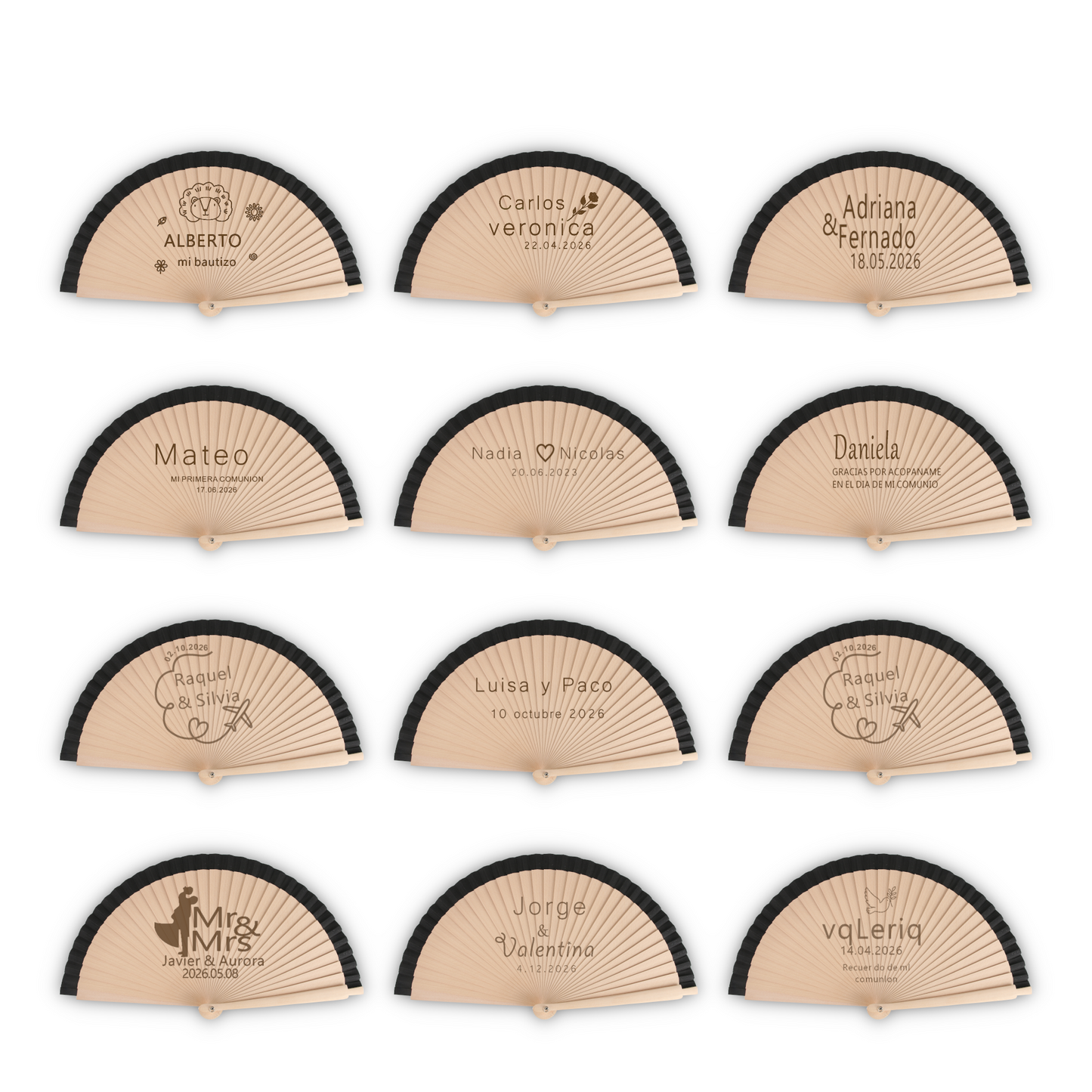 Home Universal® Abanico Personalizado de Madera, 1 Unidad – Detalle Elegante para Boda, Bautizo o Comunión, con Nombre y Fecha, Recuerdo Original para Invitados, 19 y 23 cm(Negro)