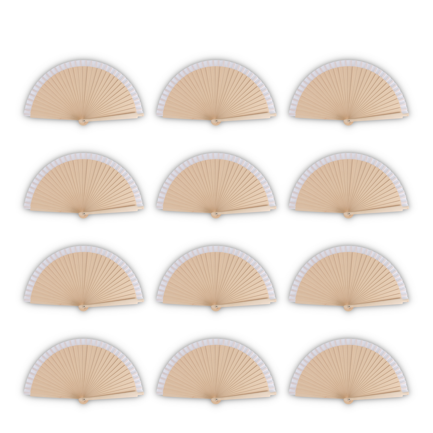 Home Universal®  Abanicos de Madera con Argolla para Cuello, Plegables con Tela en Varios Colores - Ligeros, Portátiles y Resistentes para Eventos, Bodas y Verano - Blanco 23 CM (12 Unidades)