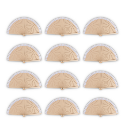 Home Universal®  Abanicos de Madera con Argolla para Cuello, Plegables con Tela en Varios Colores - Ligeros, Portátiles y Resistentes para Eventos, Bodas y Verano - Blanco 23 CM (12 Unidades)