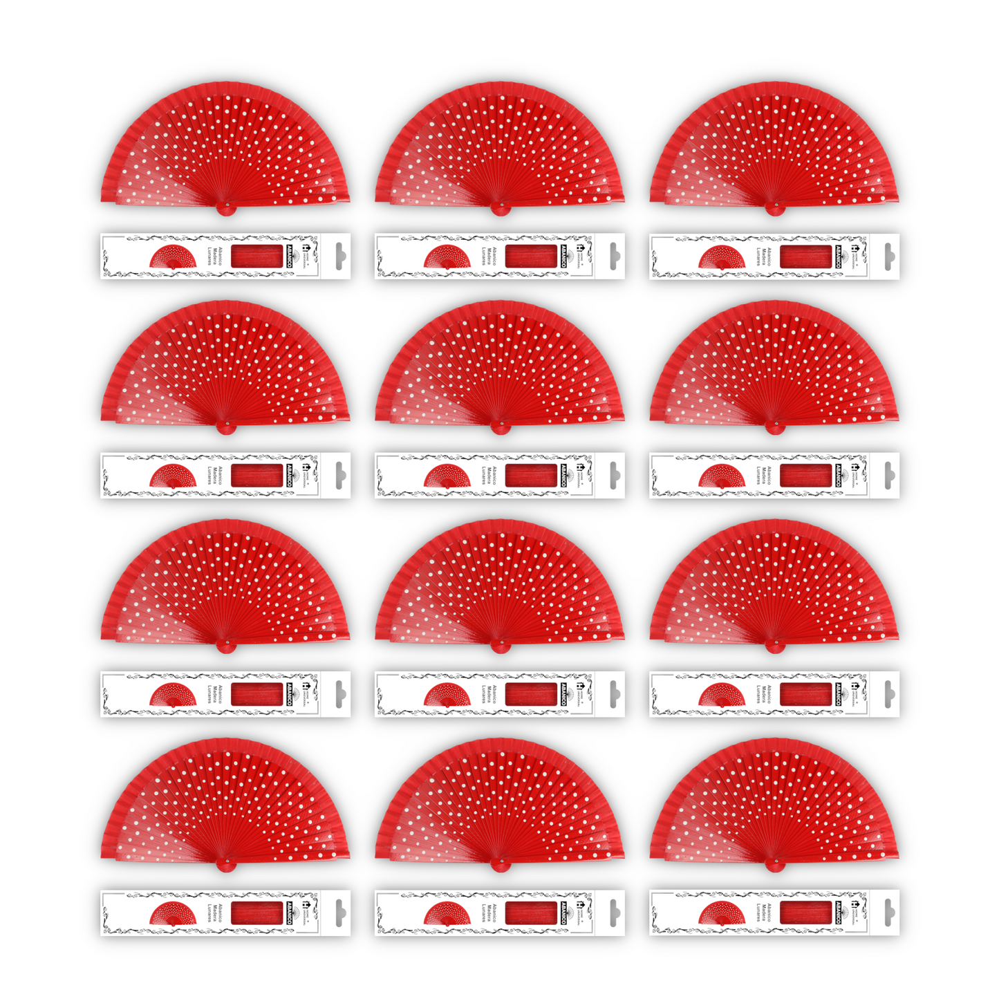 Home Universal®  Abanico Español Plegable de Madera con Argolla de Doble Cara Rojo con Lunares - Ventilador de Mano Ligero Portátil para Flamenco, Bodas, Fiesta y Verano - Rojo Con Lunar Blanco - 23 CM (12 Unidades)