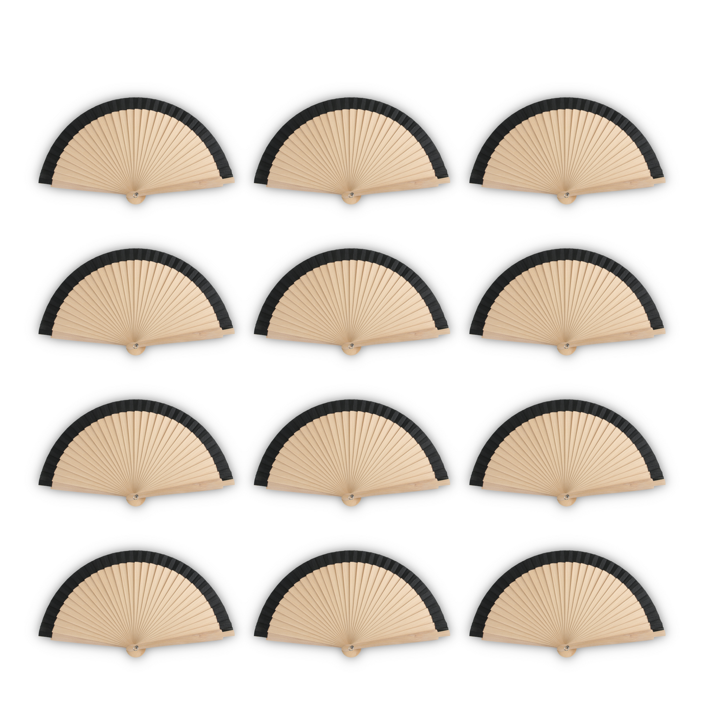 Home Universal®  Abanicos de Madera con Argolla para Cuello, Plegables con Tela en Varios Colores - Ligeros, Portátiles y Resistentes para Eventos, Bodas y Verano - Negro 19 CM (12 Unidades)