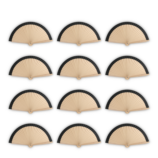 Home Universal®  Abanicos de Madera con Argolla para Cuello, Plegables con Tela en Varios Colores - Ligeros, Portátiles y Resistentes para Eventos, Bodas y Verano - Negro 19 CM (12 Unidades)