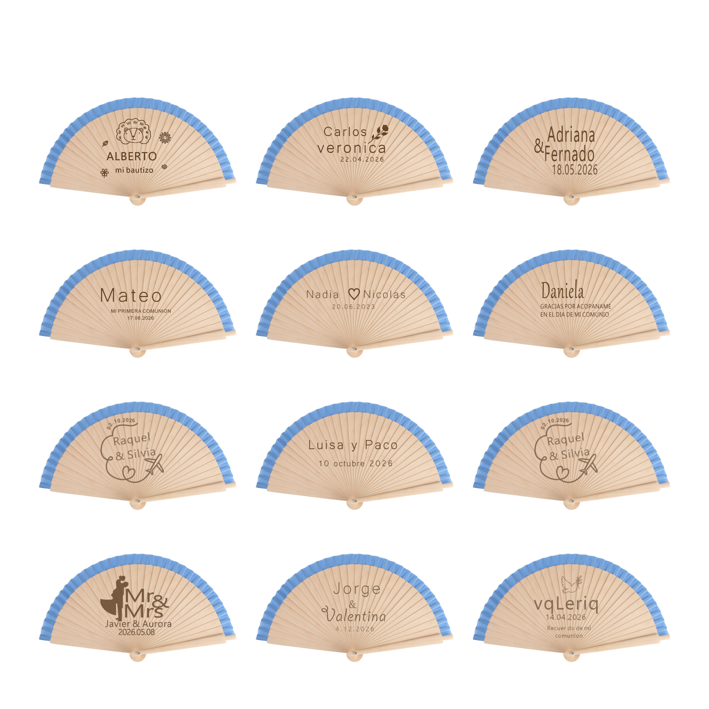 Home Universal® Abanico Personalizado de Madera, 1 Unidad – Detalle Elegante para Boda, Bautizo o Comunión, con Nombre y Fecha, Recuerdo Original para Invitados, 19 y 23 cm(Azul)